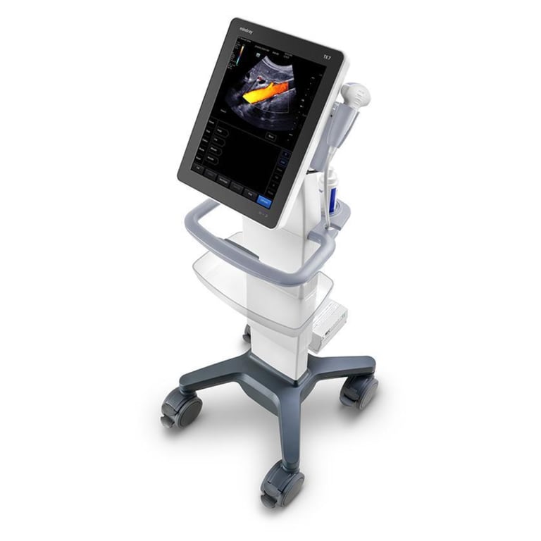 Mindray TE7 ACE Gesamtansicht mit 15-Zoll-Multi-Touch-Display auf Rollwagen